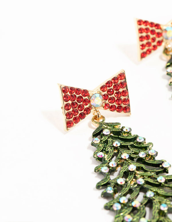 Gold Bow Green Festive Tree Drop Earrings