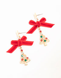 Gold Red Velvet Bow & Diamante Bauble Festive Tree Earrings - link has visual effect only
