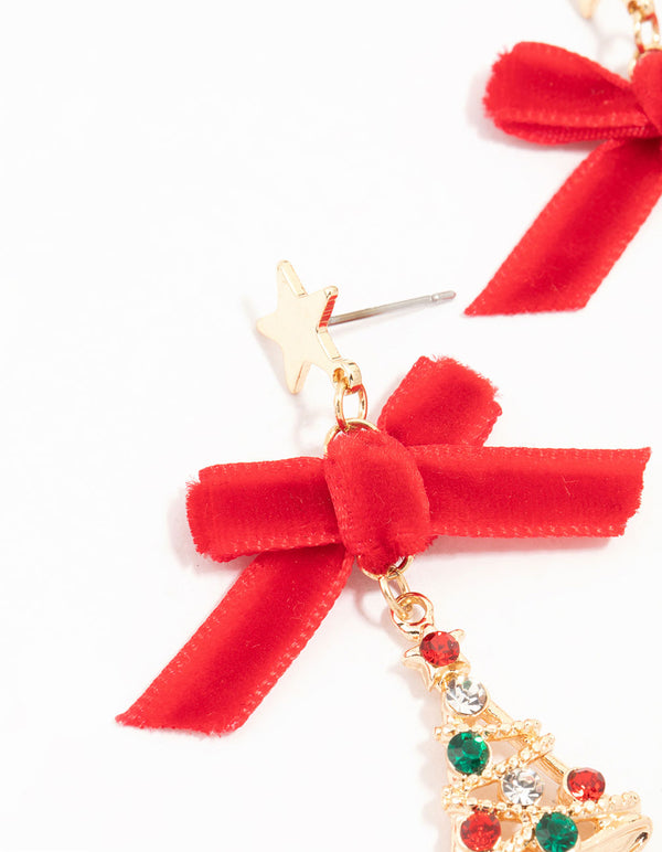 Gold Red Velvet Bow & Diamante Bauble Festive Tree Earrings