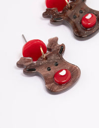 Brown Acrylic Red Nosed Reindeer Head Drop Earrings - link has visual effect only