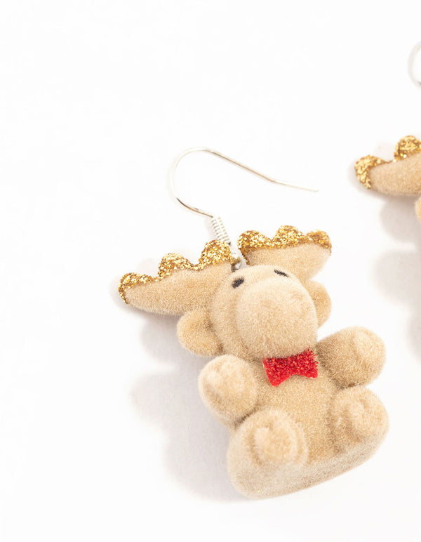 Silver Fluffy Reindeer Earrings
