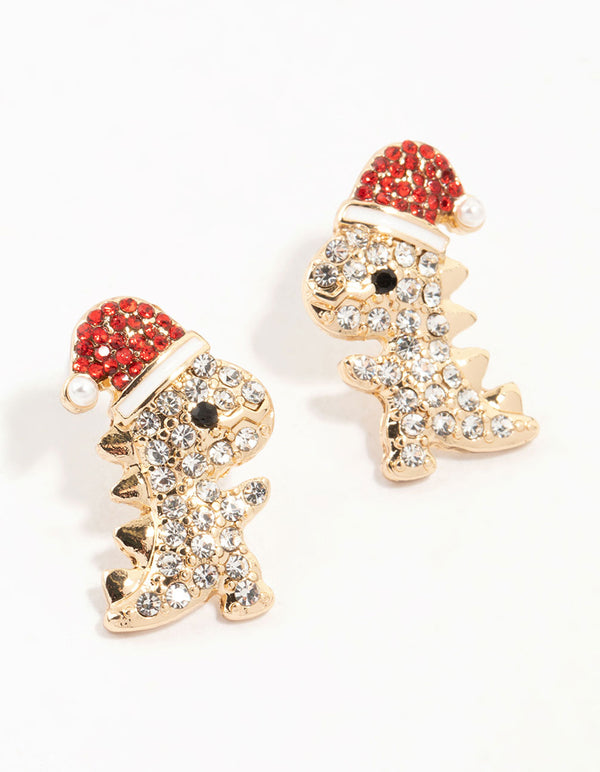 Gold Diamante Dinosaur With A Santa Hat Stud Earrings