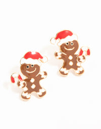 Gold Gingerbread Man With Candy Canes Stud Earrings - link has visual effect only