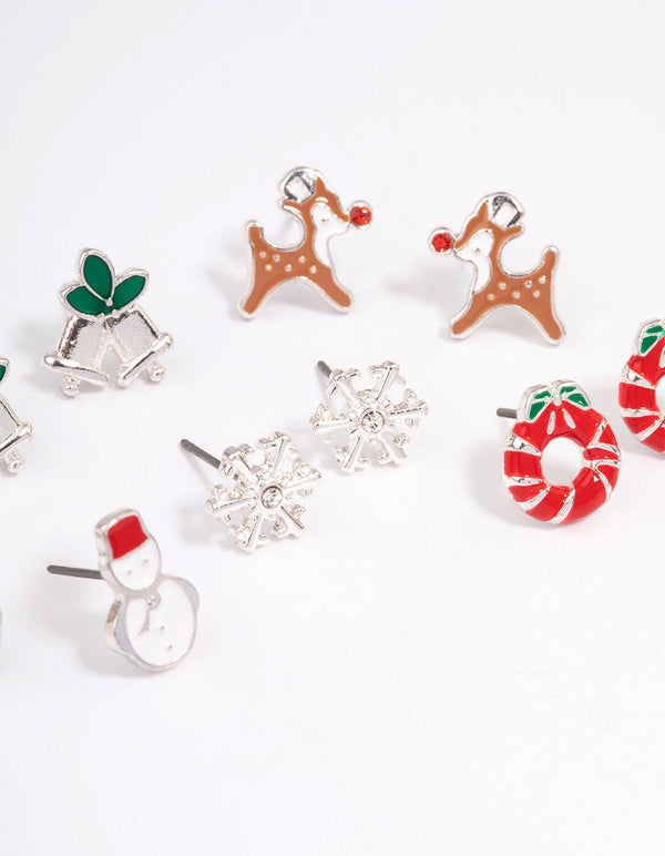 Silver Enamel Snowman & Bells Earrings 5-Pack