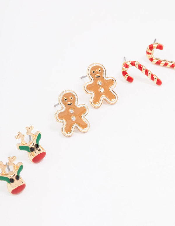 Gold Reindeer & Gingerbread Man Earrings 3-Pack