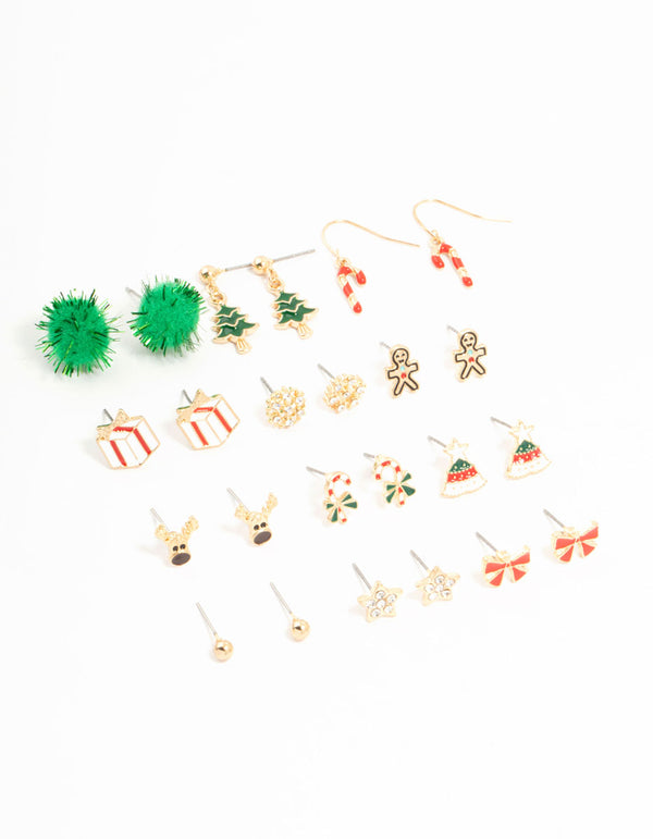 Gold Green Pom Pom & Candy Cane Stud Earrings 12-Pack