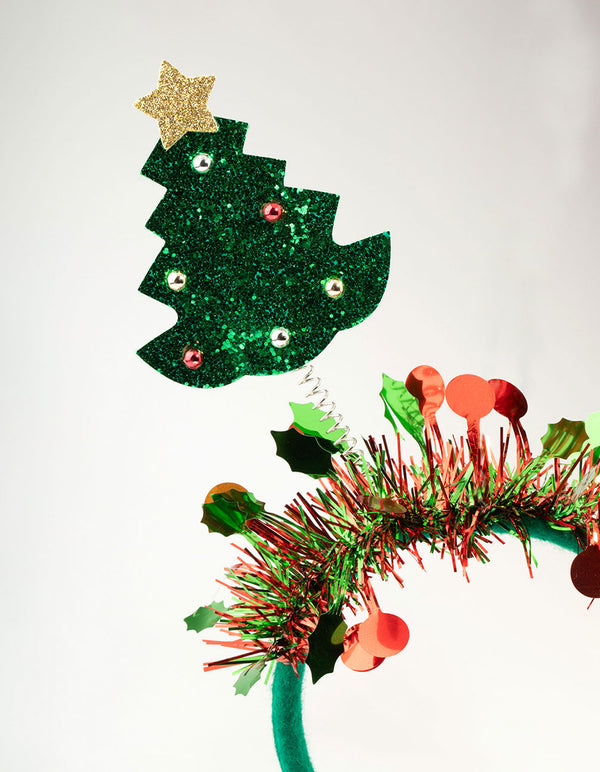 Red & Green Tinsel Spring Festive Tree Headband