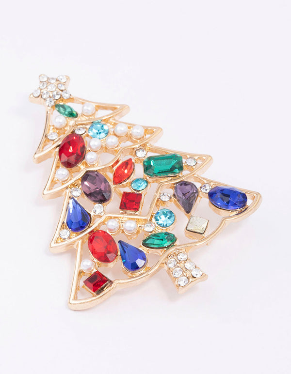 Gold Multicoloured Diamante Festive Tree Brooch