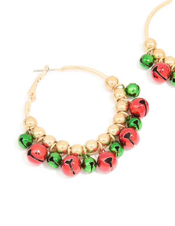Gold Green & Red Bell Hoop Earrings