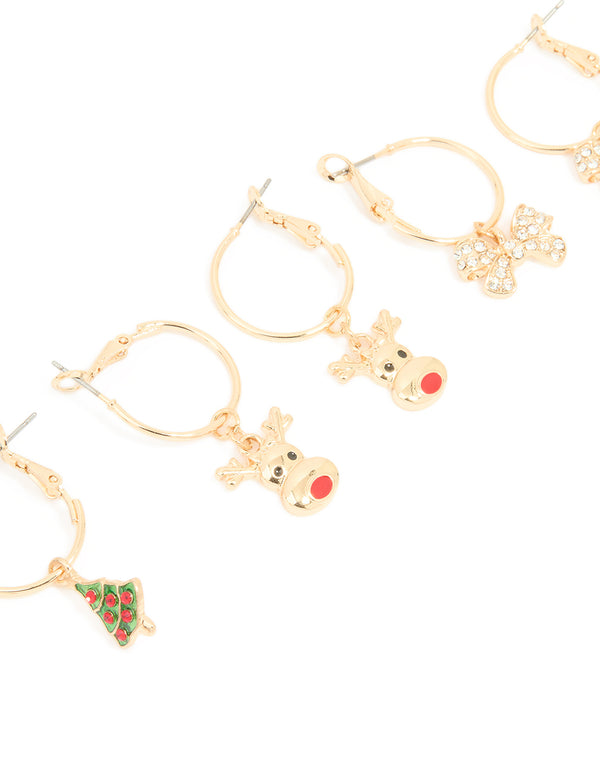 Gold Diamante Bow & Reindeer Hoop Earrings 3-Pack