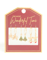Gold Diamante Bow & Reindeer Hoop Earrings 3-Pack - link has visual effect only