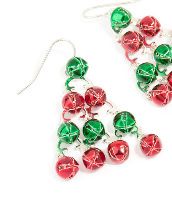 Silver Green & Red Bell Festive Tree Drop Earrings