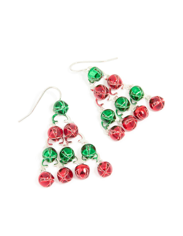 Silver Green & Red Bell Festive Tree Drop Earrings