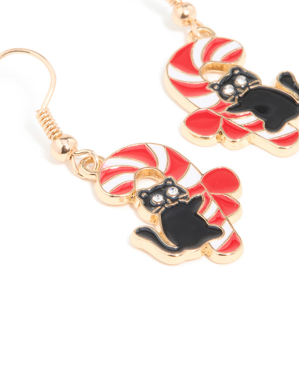 Gold Candy Cane Cat Drop Earrings