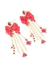 Gold Diamante Cup Chain Red Bow Drop Earrings - link has visual effect only