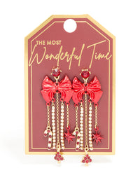 Gold Diamante Cup Chain Red Bow Drop Earrings - link has visual effect only