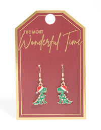 Gold Santa Hat Dinosaur With Diamante Lights Drop Earrings - link has visual effect only