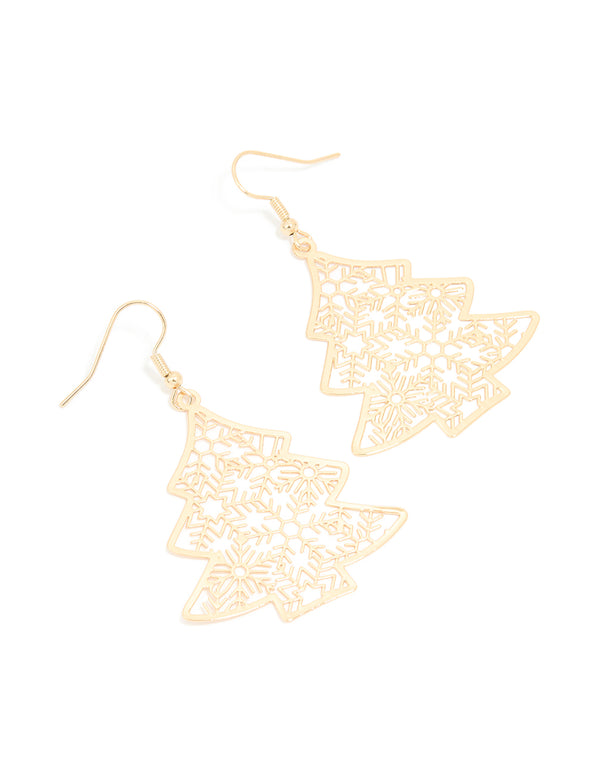 Gold Filigree Festive Tree Drop Earrings