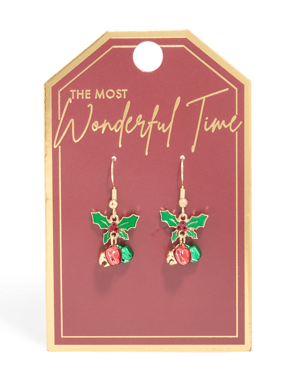 Gold Holly Plant & Red Bell Drop Earrings