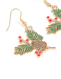 Gold Pine & Holly Plant Drop Earrings - link has visual effect only