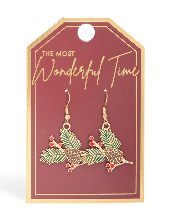 Gold Pine & Holly Plant Drop Earrings