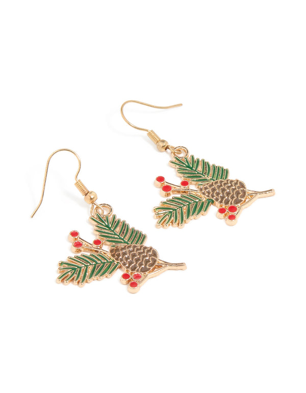 Gold Pine & Holly Plant Drop Earrings