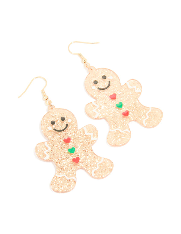 Gold Glitter Gingerbread Man Earrings