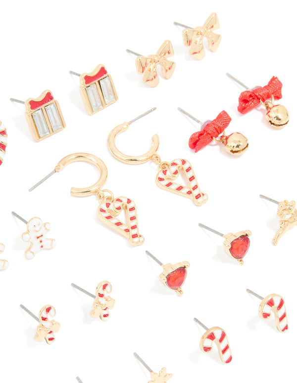 Gold Candy Cane Heart & Present Earrings 12-Pack