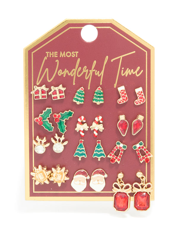 Gold Diamante Bow Drop & Santa Earrings 12-Pack