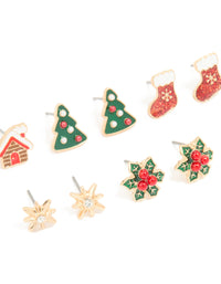 Gold Red Glittery Stocking & Gingerbread House Earrings 5-Pack - link has visual effect only