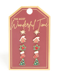 Gold Red Glittery Stocking & Gingerbread House Earrings 5-Pack - link has visual effect only