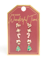 Gold Cute Reindeer & Snowflake Earrings 5-Pack - link has visual effect only