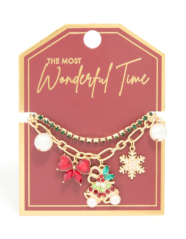 Gold Green Diamante Cup Chain & Festive Charm Layered Bracelet