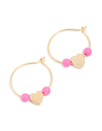 Gold Pink Beaded & Heart Hoop Earrings - link has visual effect only