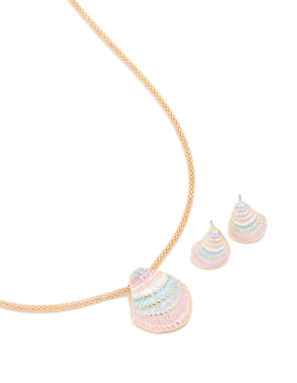 Gold Pink Blue Cream 3D Shell Earrings & Necklace Set