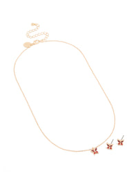 Gold Red Diamante Butterfly Stud Earrings & Necklace Set - link has visual effect only