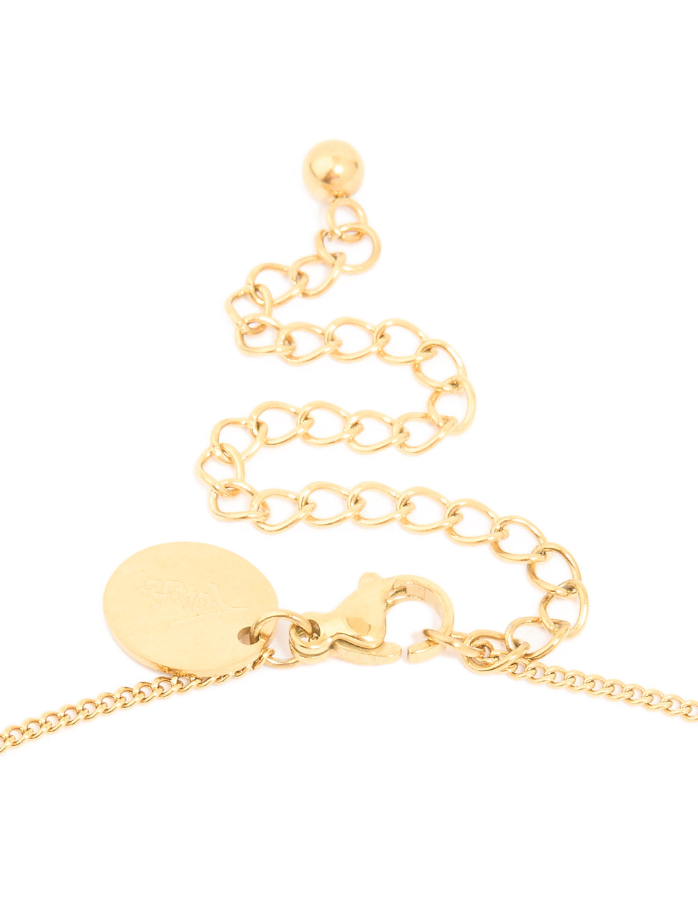 Detailed view of waterproof gold plated stainless steel cubic zirconia pear pendant necklace, crystal details, dainty style, and lobster clasp detail view