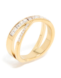 Showcasing a waterproof diamante crossover ring in gold plated stainless steel with clear accents side detail view - link has visual effect only