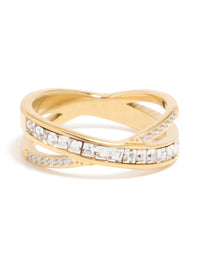 Featuring a waterproof diamante crossover ring in gold plated stainless steel with clear accents close up view - link has visual effect only