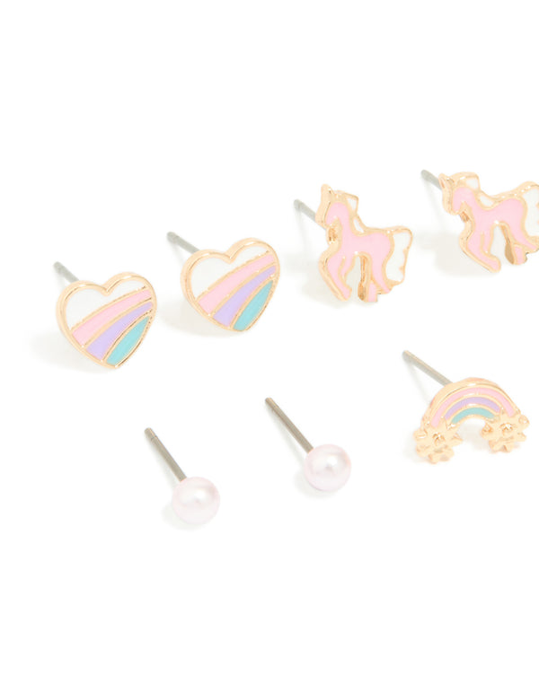 Kids Gold Unicorn & Rainbow Stud Earrings 6-Pack