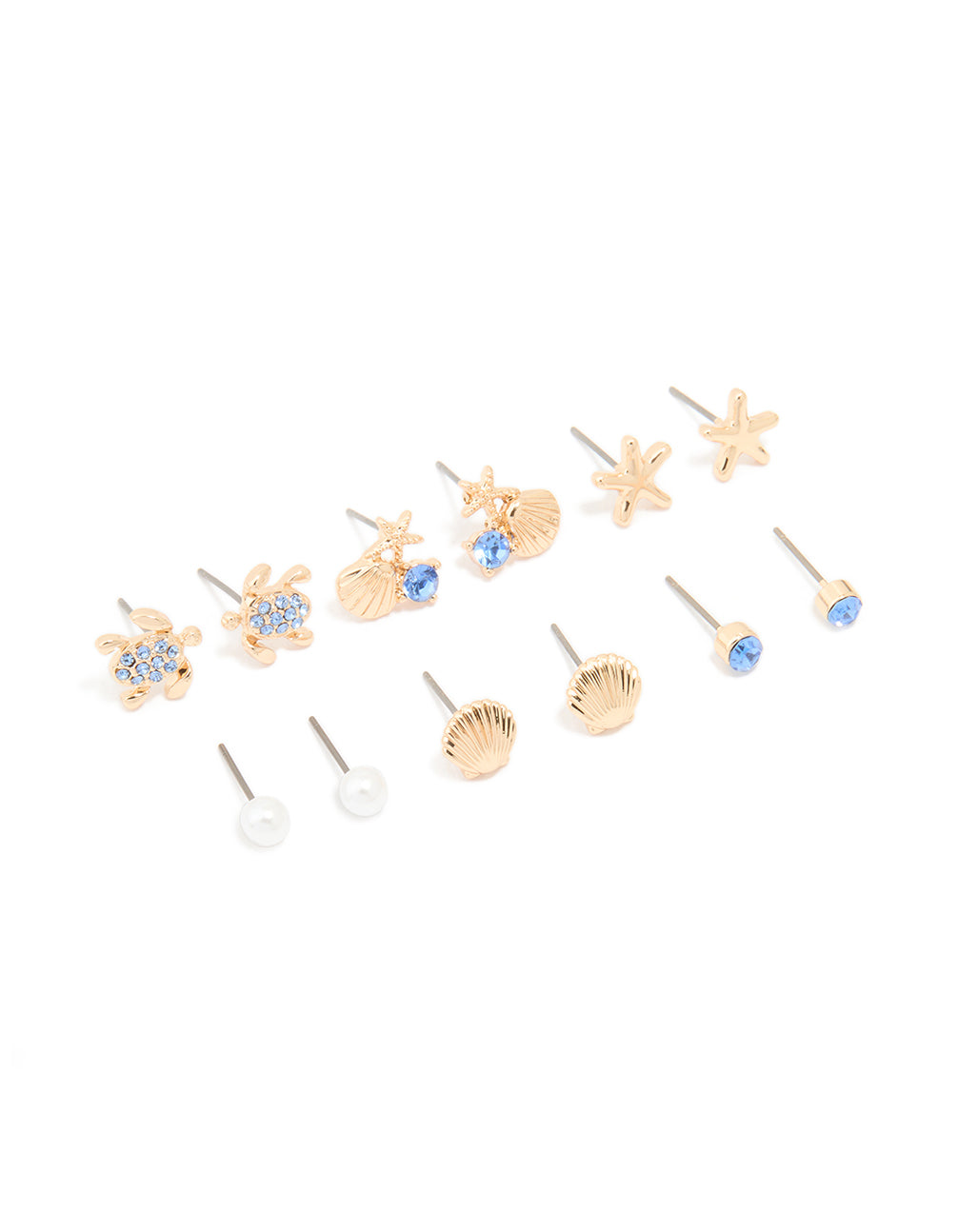 Kids Gold Blue Diamante Turtle & Starfish Stud Earrings 6-Pack