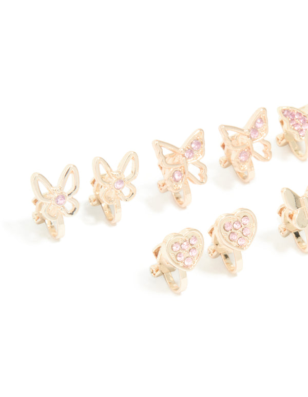 Kids Rose Gold Pink Diamante Butterfly Clip On Earrings 5-Pack