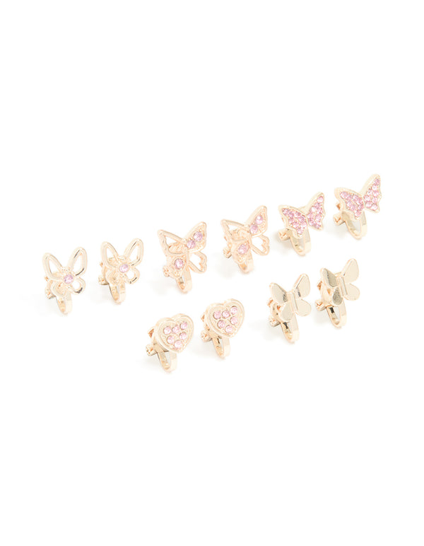 Kids Rose Gold Pink Diamante Butterfly Clip On Earrings 5-Pack