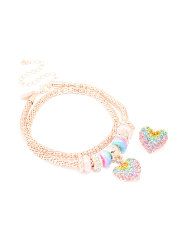 Kids Rose Gold Rainbow Diamante Heart Necklace & Ring Set