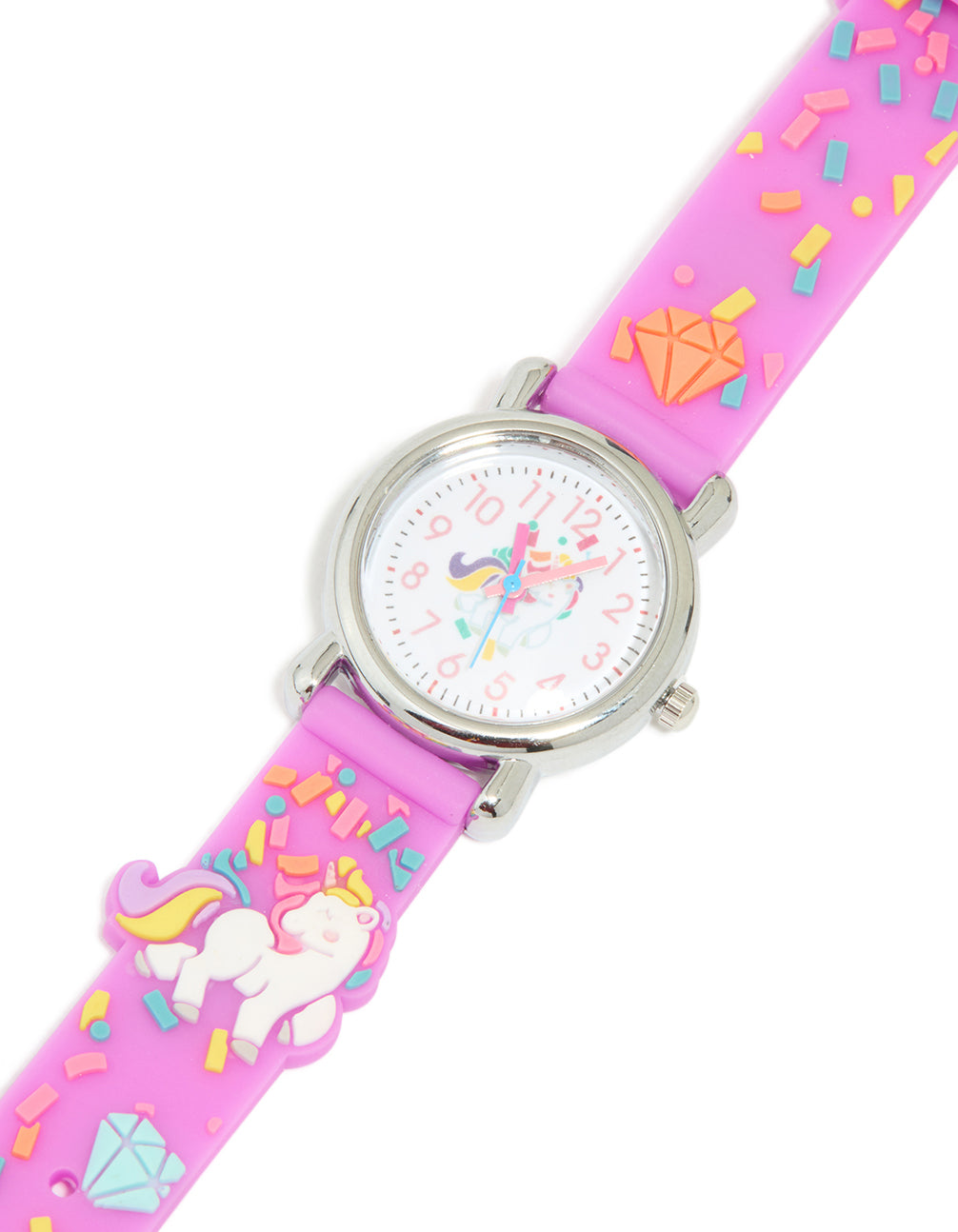 Discover a kids pink unicorn confetti watch, white dial displaying numbers in a round shape, designed for kid for casual occasions, crafted from silicone analog timepiece watch face detail view