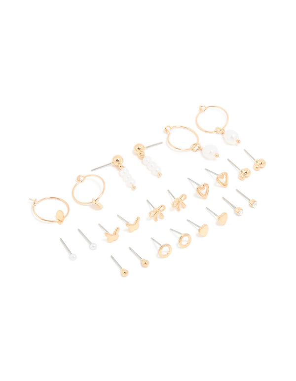 Gold Pearl & Heart Earrings 12-Pack
