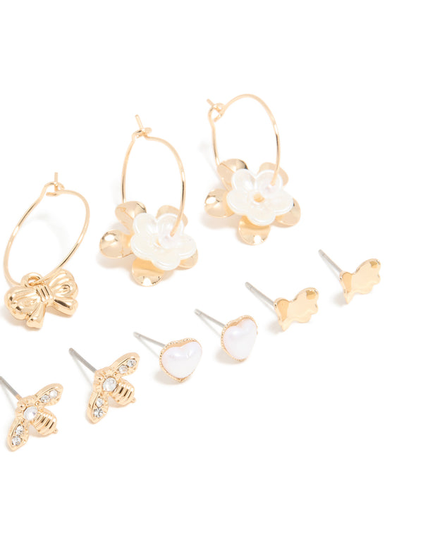 Gold White Pearlised Flower & Bee Earrings 8-Pack