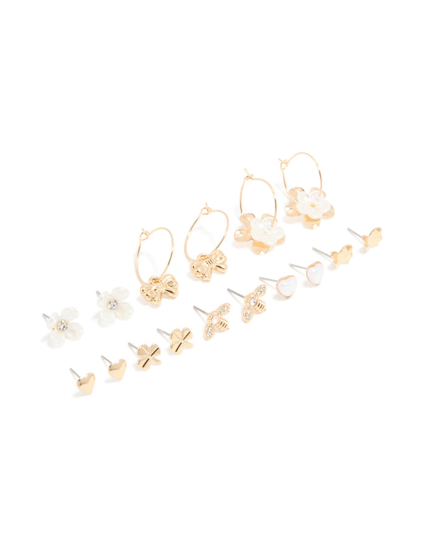 Gold White Pearlised Flower & Bee Earrings 8-Pack