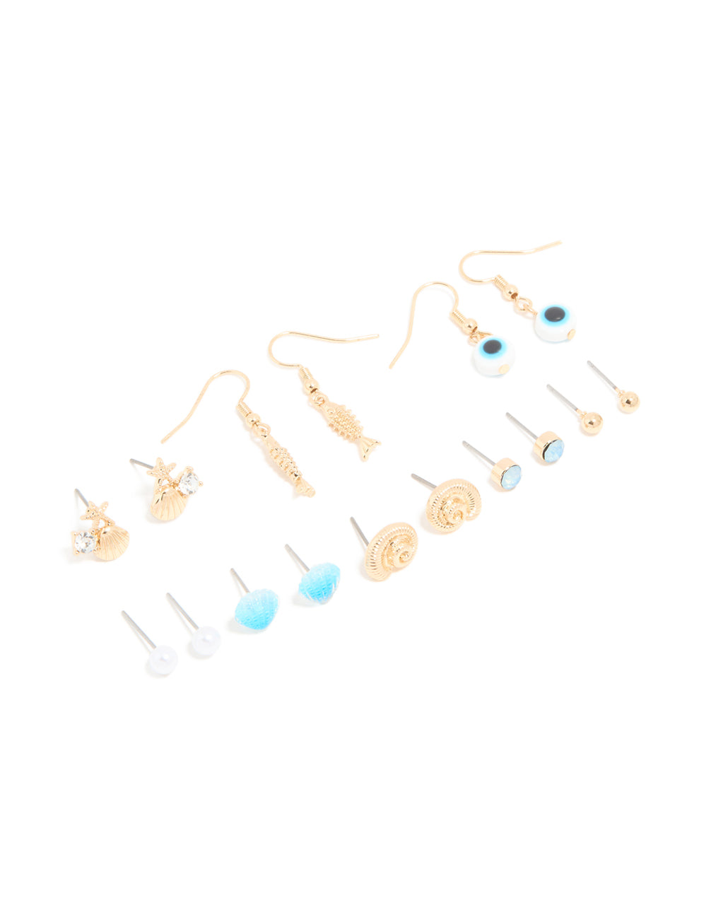 Gold Evil Eye & Sea Themed Earrings 8-Pack