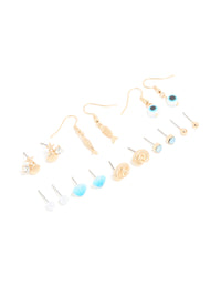 Gold Evil Eye & Sea Themed Earrings 8-Pack - link has visual effect only
